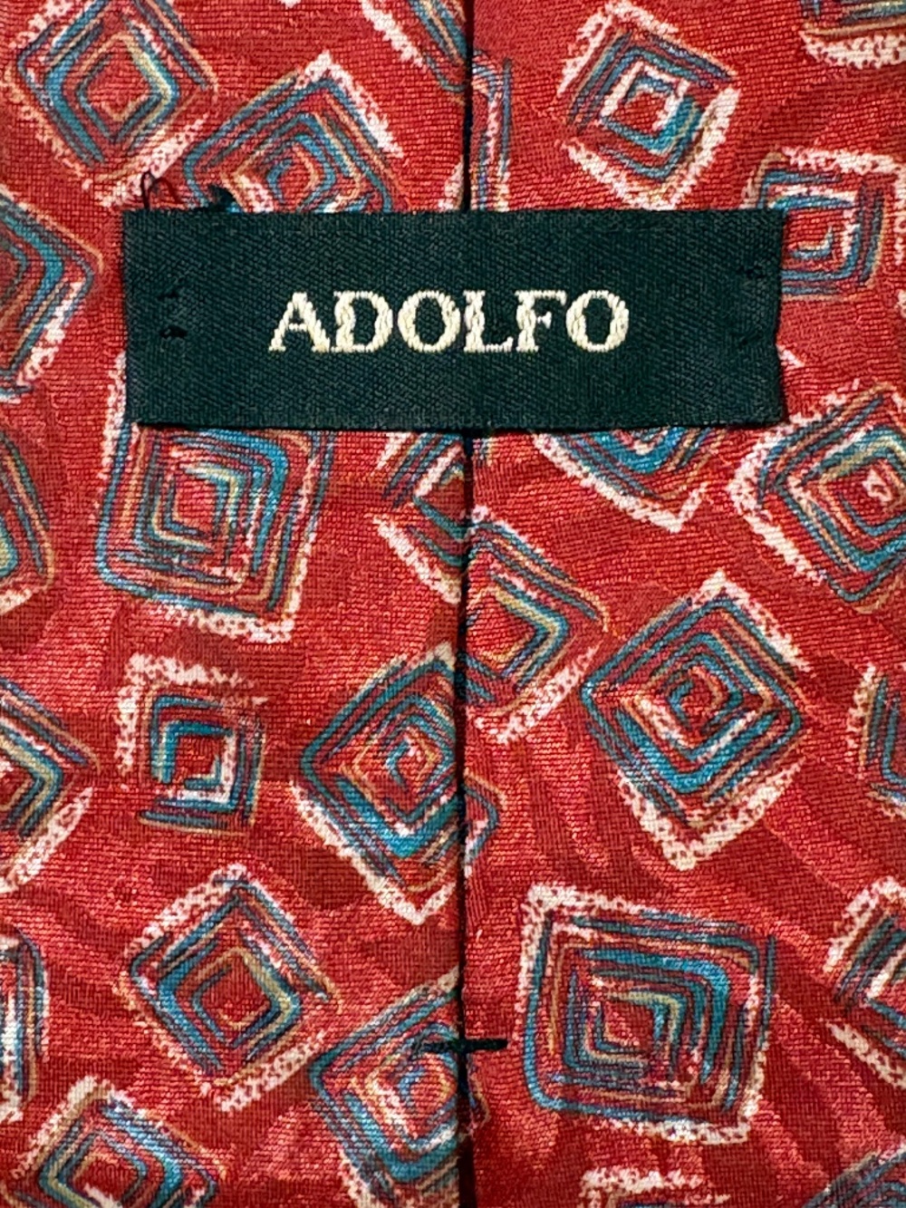 Vintage Adolfo Tie Red Blue Geometric Square Pattern 3.5" Wide Retro